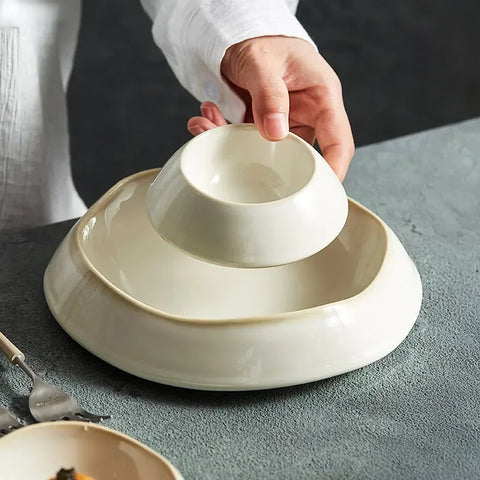 organic shallow serving bowl set in cream